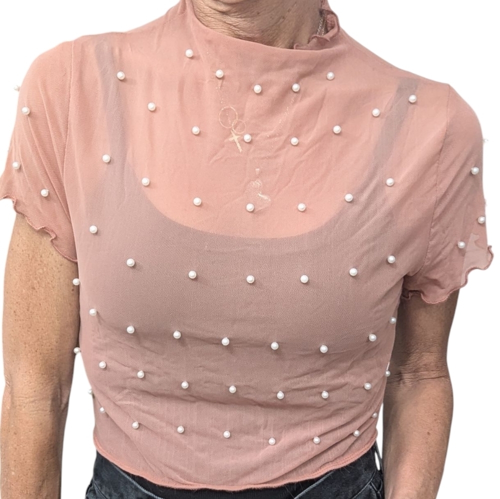 Blashe Pearl Beaded Sheer Mesh Crop Top Nude Tan Mock Neck Tee Shirt Size L